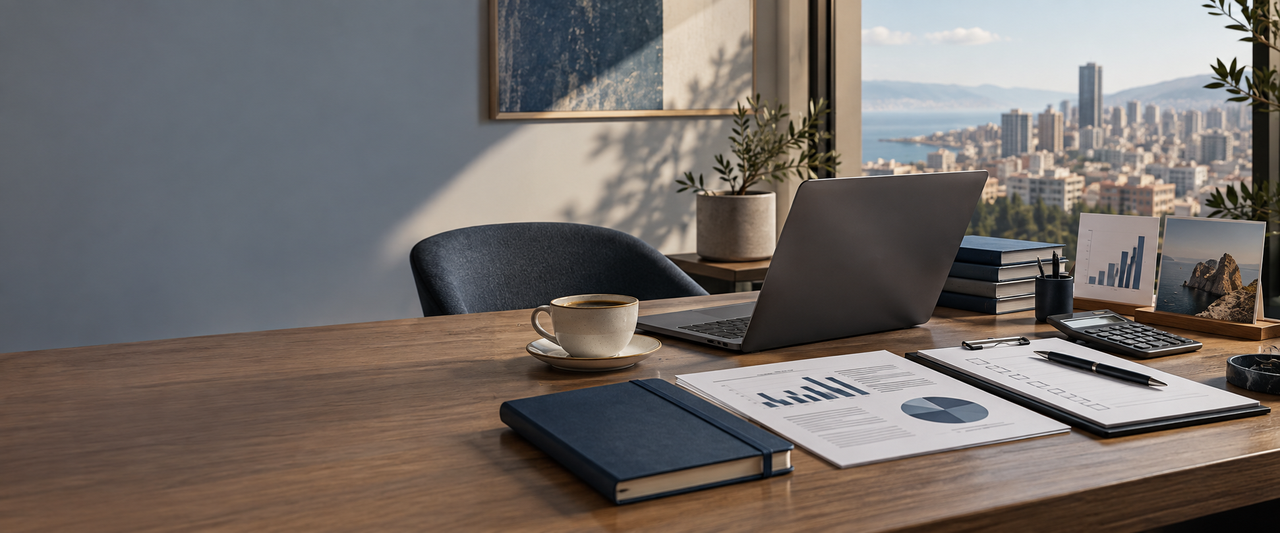 A founder’s desk with a notebook, laptop and coffee, set up for planning a business