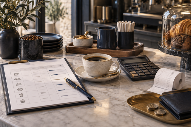 A café counter with an espresso machine, seen from the customer side