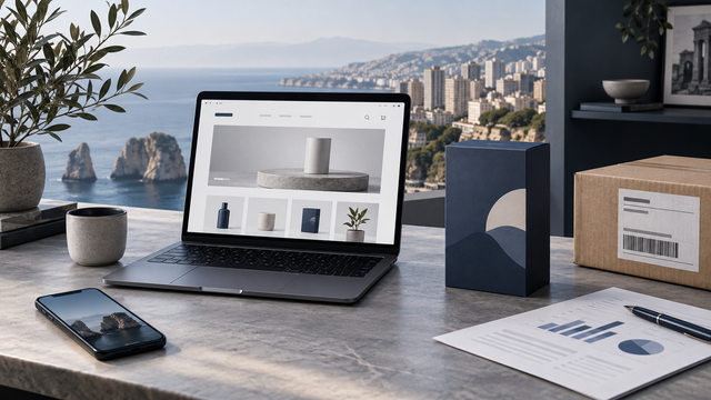 A laptop and notebook on a desk, set up for planning an online business