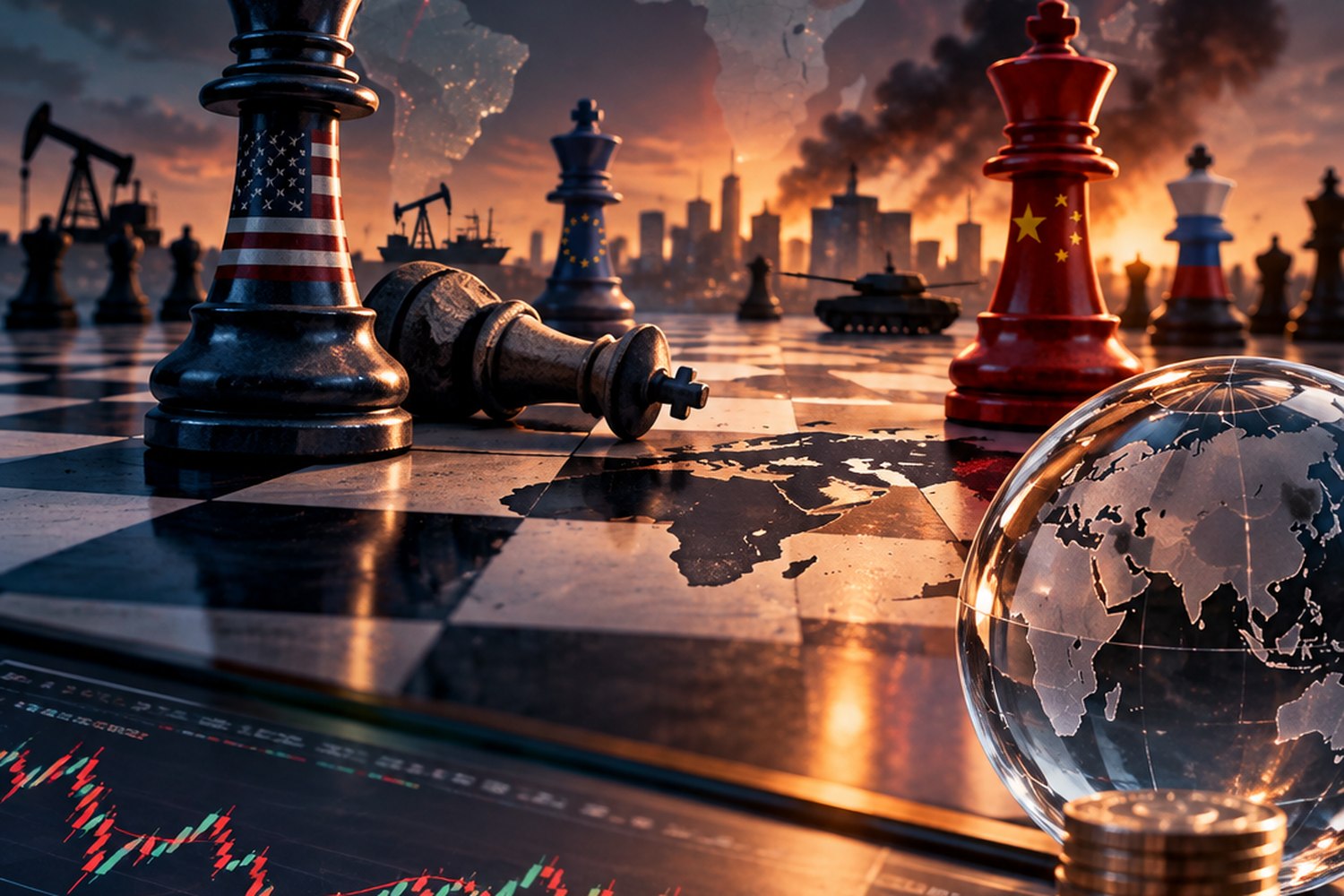 Chess pieces carrying national flags on a board, with a world map, oil derricks, a glass globe and market charts behind them.