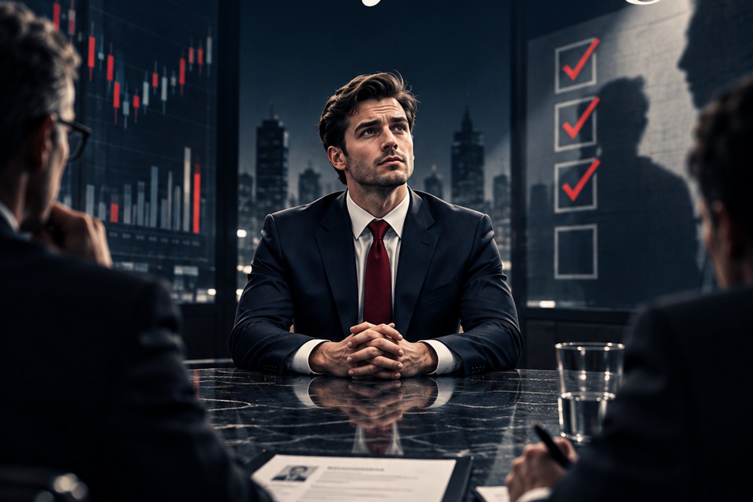A candidate sitting across a boardroom table from two interviewers, thinking before answering.