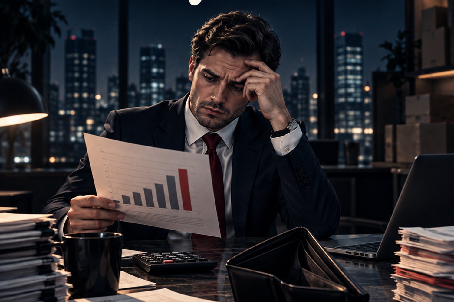 A business owner at a desk at night, reviewing a printed chart beside an open, empty wallet.