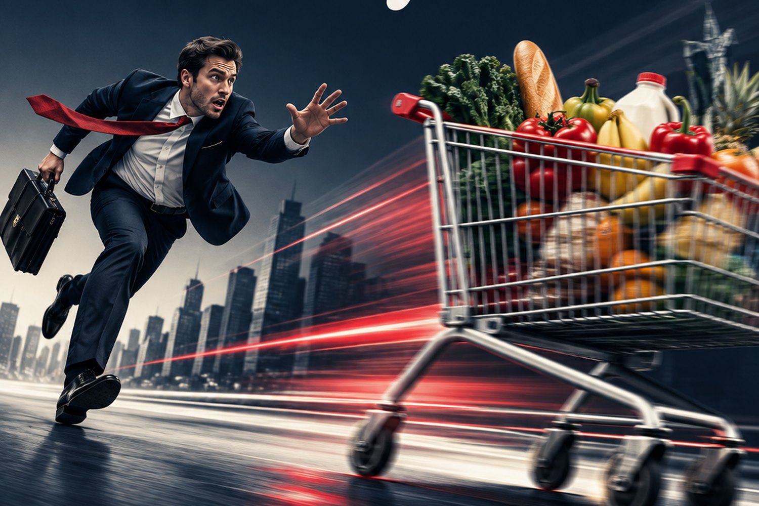A man in a suit chasing a full grocery trolley that is speeding away from him.