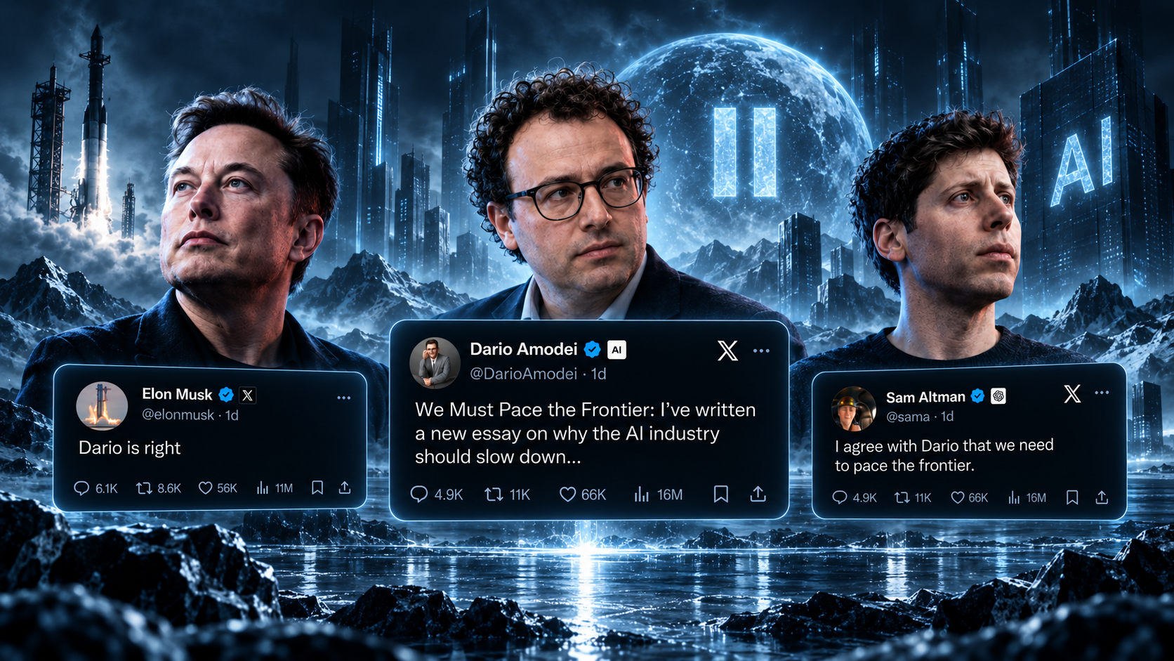 Elon Musk, Dario Amodei and Sam Altman with posts calling for a slower pace in frontier AI development.
