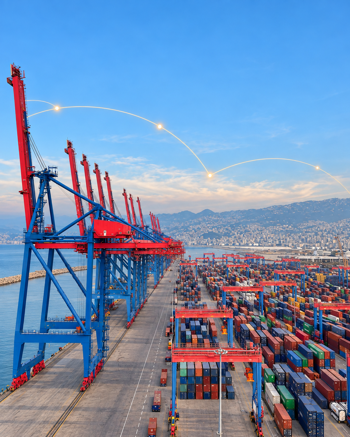 Red cranes at the Port of Beirut at dusk, with glowing trade-route lines arcing over the city and coastline.