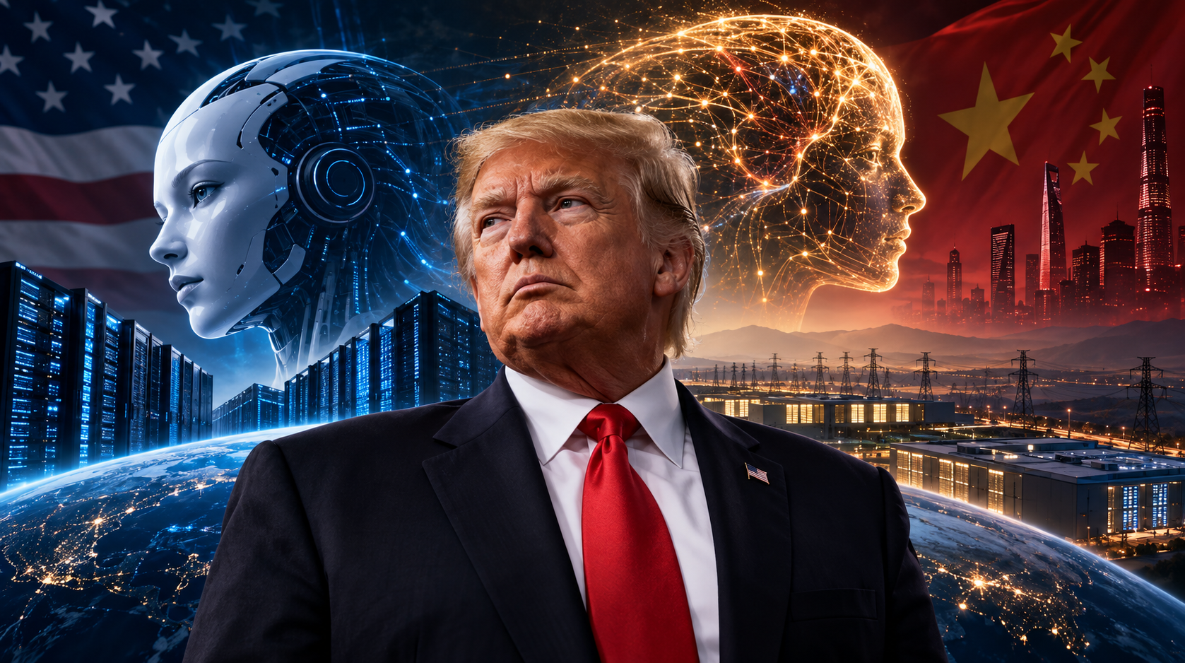 Conceptual illustration of artificial intelligence and superintelligence representing the global race for advanced AI.